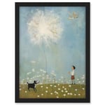 Artery8 Chasing the Giant Dandelion Dream Artwork Giant Wish Oil Painting Kids Bedroom Child and Pet Dog in Daisy Field Artwork Framed A3 Wall Art Print