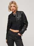 Superdry Fitted Leather Racer Jacket, Black