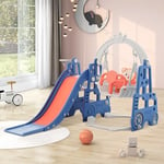 ModernLuxe Slide for Kids, 4 in 1 Multifunctional Swing and Slide Set, Kids Slide with Climb Ladder, Swing, Basketball Hoop, Cute Cartoon Image, Safe Play Equipment for Kids Toddlers, Blue