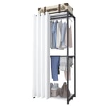 ACCSTORE 3-Tier Wardrobe Curtain Coat Rack Large Clothes Rack Rail Stand Garment Rack Storage Organiser for Bedroom with Hanging Rod,Black Pole,White