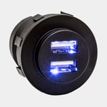 Sutars USB-uttag Sutars, infällt, svart, 12 V / 24 V, 5 A, USB-A + USB-A, med lock belysning