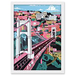 Artery8 Clifton Suspension Bridge Pink and Teal Cityscape Artwork Framed A3 Wall Art Print