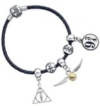 Harry Potter Charm Set- Black Leather Bracelet/Deathly Hallows/Snitch/Platfrom 9 3/4/ 2 Spellbeads- HP0091