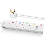Mscien 5M Extension Lead with USB Multi Sockets 4 Way Long Extension Cord Surge Protected with Individual Switches Wall Mountable Power Strip 5 Meters Cable