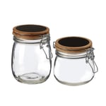 Set of 2 Small Glass Jars Food Storage Wood Clip Top Chalkboard Lid Containers