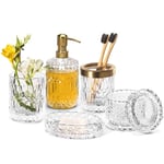 EMPO 6pcs Accessoires de Salle de Bain en Verre Transparent (Distributeur de Savon, Porte-Savon, Porte-Brosse à Dents, Gobelet, Pot à Cotons-Tige), Décoration Moderne Cristal Vintage (Transparentes)