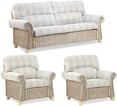 Desser Clifton Rattan Conservatory Furniture Set – 3 Seater Sofa & 2x Armchairs – Luxury Indoor Real Cane Wicker Chair & Settee Suite with UK Manufactured Cushions – Athena Check Fabric
