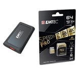 Emtec - Pack création : Disque SSD Externe X210 Elite 1To + Carte microSD UHS-I U3 V30 SpeedIN Pro 64 Go - Pack De 2