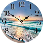 VIKMARI Kitchen Wall Clock - Home Decorative Wall Clock,14 Inch Silent Non-Ticking Quartz Battery Operated Clock, Easy to Read Round Arabic Numerals Ocean Wave Pattern Wooden Wall Clocks