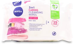 Nivea 3 in 1 Caring Facial Cleansing for Dry Skin Wipes 25 pack