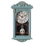 Clockswise Horloge murale vintage en plastique aspect bois avec pendule décorative à piles, pour bureau, décoration d'intérieur, salon, cuisine ou salle à manger, bleu avec motif vieilli doré