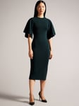 Ted Baker Lounia Knitted Flute Sleeve Bodycon Midi Dress, Dark Green