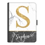 Personalised Initial Case For Apple iPad (2019) 10.2 inch (7th Generation), Grey & Black Marble Print with Yellow Initial 2 Heart Name, 360 Swivel Leather Side Flip Folio Cover, Marble Ipad Case