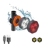 LIGGOO - LIG201FRA - Kit Lampe LED Puissante - Vélo AV/AR - 1,5 W 3,7 V - Rechargeable USB - Fixations Inclus - Vélo/VTT/Trottinette - Étanche et Résistante aux Chocs - Noir et Orange - 9 Pièces