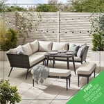 Seychelles PE Rattan Outdoor Garden 9 Seat Dining Table And Corner Sofa Set With 2 Benches And Cushions