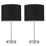 Pair of - Modern Standard Table Lamps in a Brushed Chrome Metal Finish with a Black Cylinder Shade - Complete with 4w LED Candle Bulbs [3000K Warm White]