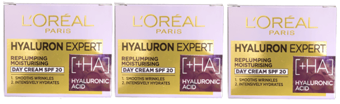3 X L'Oreal Hyaluron Expert Replumping Moisturising SPF20 Day Cream 50ml (New)