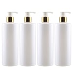 FBJIE 4PCS 500ml 16 oz Empty White Plastic Lotion Pump Bottles Dispenser with White Pump and Gold Screw Ring for Shampoo Liquid Hand Soap Shower Gel Essential Oil Refillable