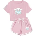 5-14 år flickor Cinnamoroll träningsset söt tecknad anime kortärmad t-shirt + shorts set casual sportkläder kläder[HK] Pink 9-10 Years