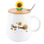 14.8 oz Cute Ceramic Coffee Cup, Sunflower Coffee Mug Morning Cup Tea Milk Mug with Lovely Sunflower Lid & Spoon, Great Gift for Birthday/Christmas/Valentine's Day