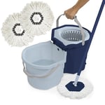 Casabella Clean Water Spin Mop with 2-Bucket System, Spin Mop and Mopping Bucket Set with Refill, Blue/White