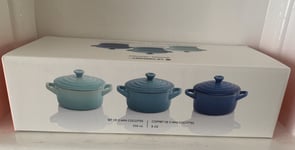 Le Creuset Stoneware Set of 3 Petite Casseroles Cocotte 0.25L,  Blues  NEW