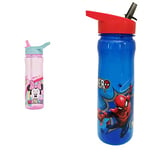 Disney - Minnie Mouse Flip Up Water Bottle 600ml, Official Disney UK Merchandise by Polar Gear, Pink & Blue & MARVEL 1325 1698 Spider-Man Hero Reusable Water Bottle, polypropylene, Blue and red, 600ml