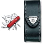 Victorinox Huntsman Swiss Army Pocket Knife, Medium, Multi Tool, 15 Functions, Large Blade, Bottle Opener, Red & Leather Pouch for Swiss Army Pocket Knives, 3cm x 10cm, Black