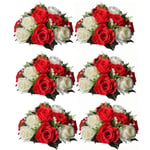 NUPTIO Pcs of 6 Fake Flower Ball Arrangement Bouquet,15 Heads Plastic Roses with Base, Suitable for Our Store's Wedding Centerpiece Flower Rack for Parties Valentine's Day Home Décor (Red & White)
