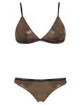 Emporio Armani Underwear Women's Women's Triangle Bra+T-Thong Set Dot Foil Gift Set Lingerie Set, Black/Copper Print,