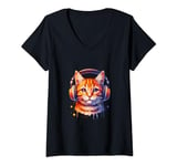 Womens Orange Cat with Headphones V-Neck T-Shirt