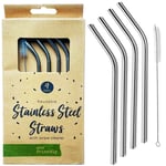 4 x Metal Stainless Steel Reusable Drinking Straws Eco Friendly + Cleaning Brush Party Summer Use Birthday Smoothie Milk Shake Water Juice Silver Bent Straw UK Free P&P