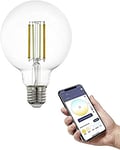 EGLO connect.z Smart Home E27 LED filament light bulb, G95, ZigBee, app and voice control, dimmable, white tunable light (warm – cool white), 700 lumen, 6 watt, vintage lightbulb transparent
