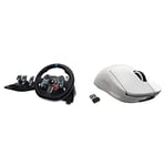Logitech G29 Driving Force Racing Wheel and Floor Pedals, Black & PRO X SUPERLIGHT Wireless Gaming Mouse, HERO 25K Sensor, Ultra-light with 63g, 5 Programmable Buttons, 70 hours Battery Life, White