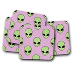 4 Set - Green Alien Heads Coaster - UFO Extraterrestrial Purple Cool Gift #14407