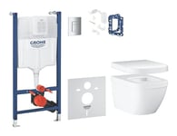 GROHE Solido Euro Ceramic 6-in-1 Box Solution (White Wall Hung Rimless Toilet with Soft Close Seat, Chrome Flush Plate, WC Frame 1.13 m, Sound Insulation, 2 Wall Brackets), Ready to Install, 39889000