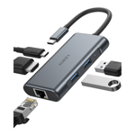 AUKEY 6-in-1 USB-C Hub, 1 x USB-C, 2xUSB-A 3.1, HDMI 4K, RJ45 - Gråt