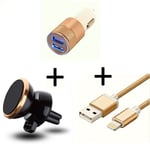 Pack Voiture Pour Iphone Xs (Cable Chargeur Metal Lightning + Double Adaptateur Allume Cigare + Support Magnetique) - Or