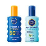 NIVEA SUN Routine protection solaire avec spray solaire Protect & Hydrate FPS 50+ et après-soleil hydratant, Haute protection solaire hydratante pour tous types de peau