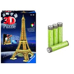 Ravensburger - Puzzle 3D Building - Tour Eiffel illuminée - 216 pièces numérotées à assembler sans colle -Accessoires de finition inclus & Amazon Basics Piles rechargeables AAA, pré-chargées -Lot de 4