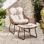 Tahiti Large Outdoor PE Rattan Chair & Footstool Set with Light Grey Cushions For The Boho Garden Or Patio Space