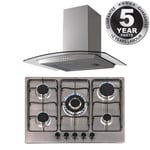 SIA 70cm Stainless Steel 5 Burner Gas Hob And 70cm Curved Glass Cooker Hood Fan