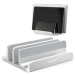 Vertical Laptop Stand - AboveTEK - 3 Slots for Computer, Tablet, Phone - Fits All Laptop Models （up to 17.3"） - Heavy Duty Polished Aluminum Desktop Holder - Anti Slide Silicone Grips - Silver
