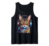 Cat Headphones Colorful Funny Animal Art Print Graphic Tank Top