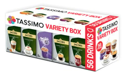 TASSIMO Jacobs Variety Box 56 ☕ Cups T Discs Pods Coffee Latte Cappuccino Caffe Crema Intenso Caffe Crema Classico Milka Hot Chocolate