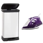 CURVER Metal Effect Pedal Touch Deco Bin, Silver, 50 Litre & Russell Hobbs Supreme Steam Traditional Iron 23060, 2400 W, Purple/White