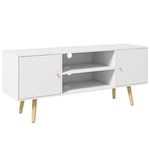 HOMCOM Meuble TV Banc TV Style scandinave 2 Portes 2 niches Pieds en Bois pin Panneaux Blanc - 120 x 34 x 50 cm