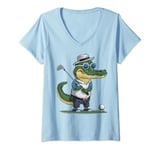 Womens Funny Golf Lover Crocodile Playing Golf Round Sunglasses V-Neck T-Shirt