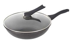 Haufson 30cm Die cast Wok with Standable Lid | Works with All Major Hobs | Natural PFOA Free Non-Stick Stirfry Pan | Black