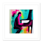 Abstract Watercolour Jazz Piano Bar Pianist Pink And Blue Modern Illustration Square Wooden Framed Wall Art Print Picture 8X8 Inch